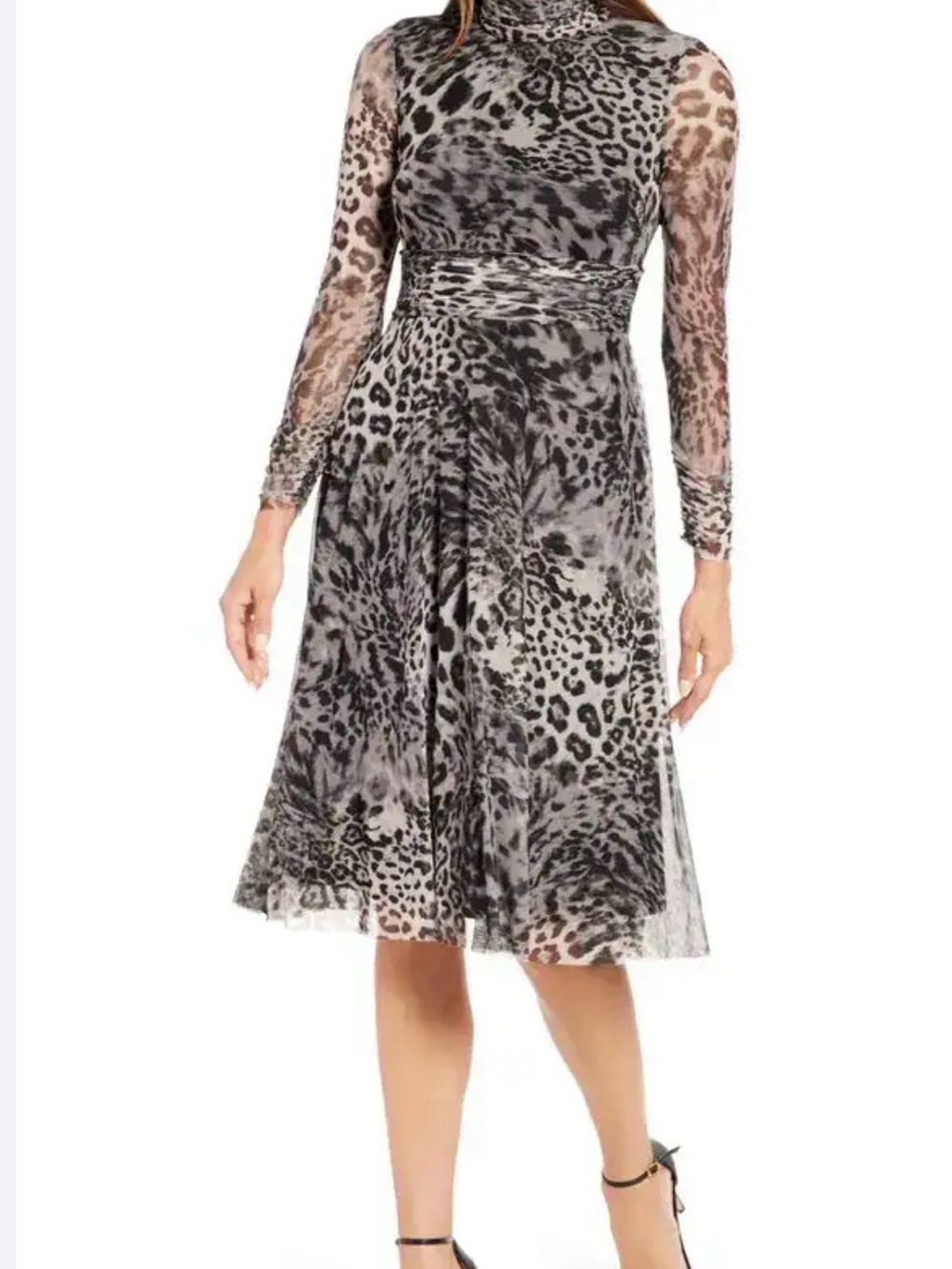 Eliza J Taupe and Black Leopard Print Long Sleeve Midi Dress